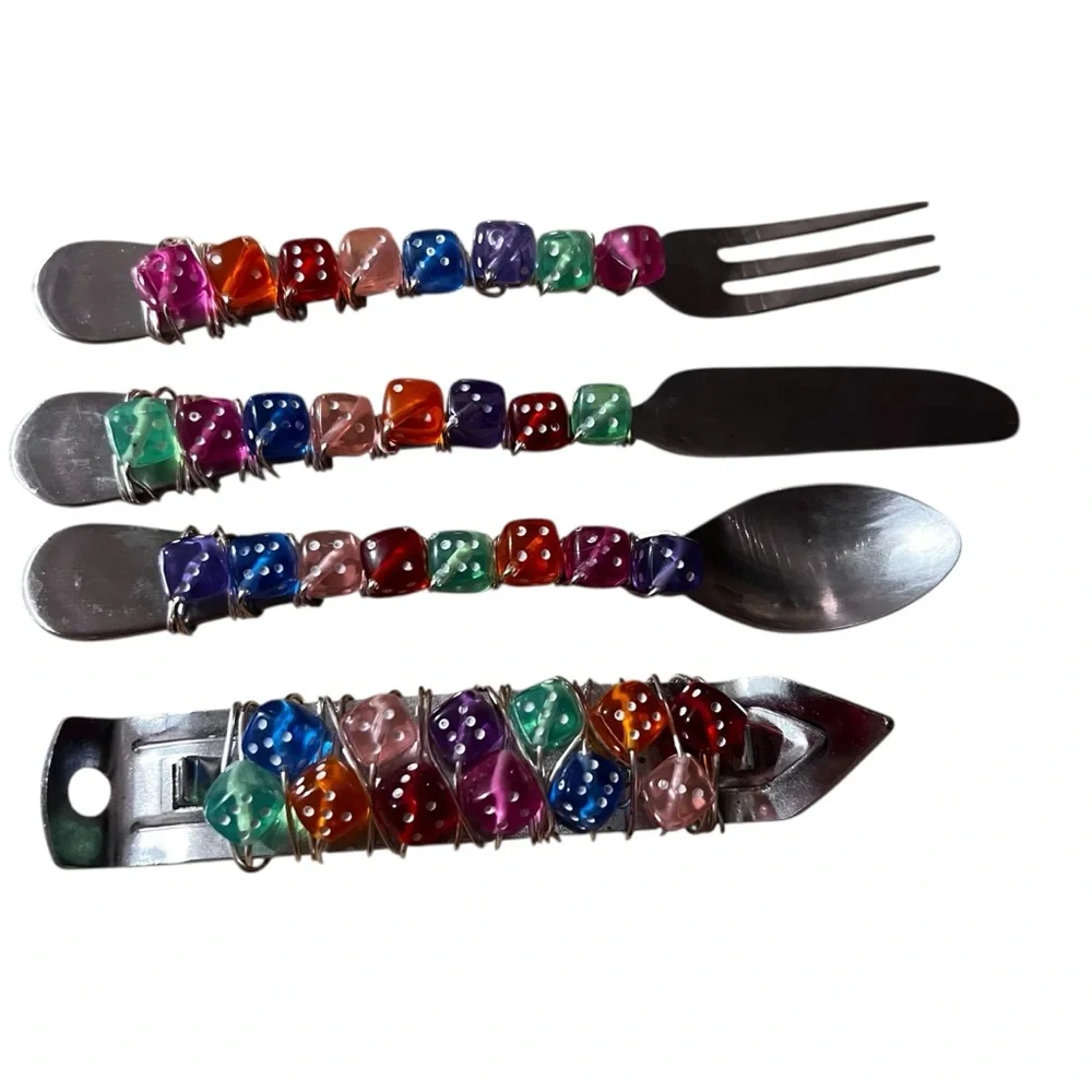 Artsy Colored Dice Charcuterie Utensils with Bottle Opener 4 Piece